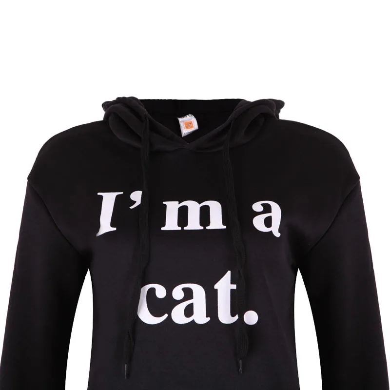 

Women Casual Letter Cat Ear caps black Pullover Sweatshirt Long Sleeve Hoody I AM CAT Printed Tracksuit Jumper outerwear Femme