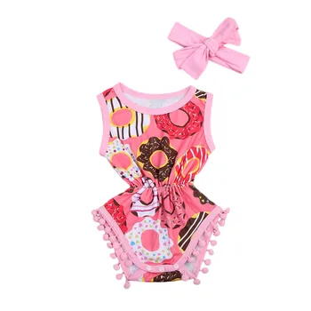 

Summer 2pc Newborn Infant Baby Girl Donuts Romper Sleeveless Tassel Jumpsuit Clothes Outfit Sunsuit Set