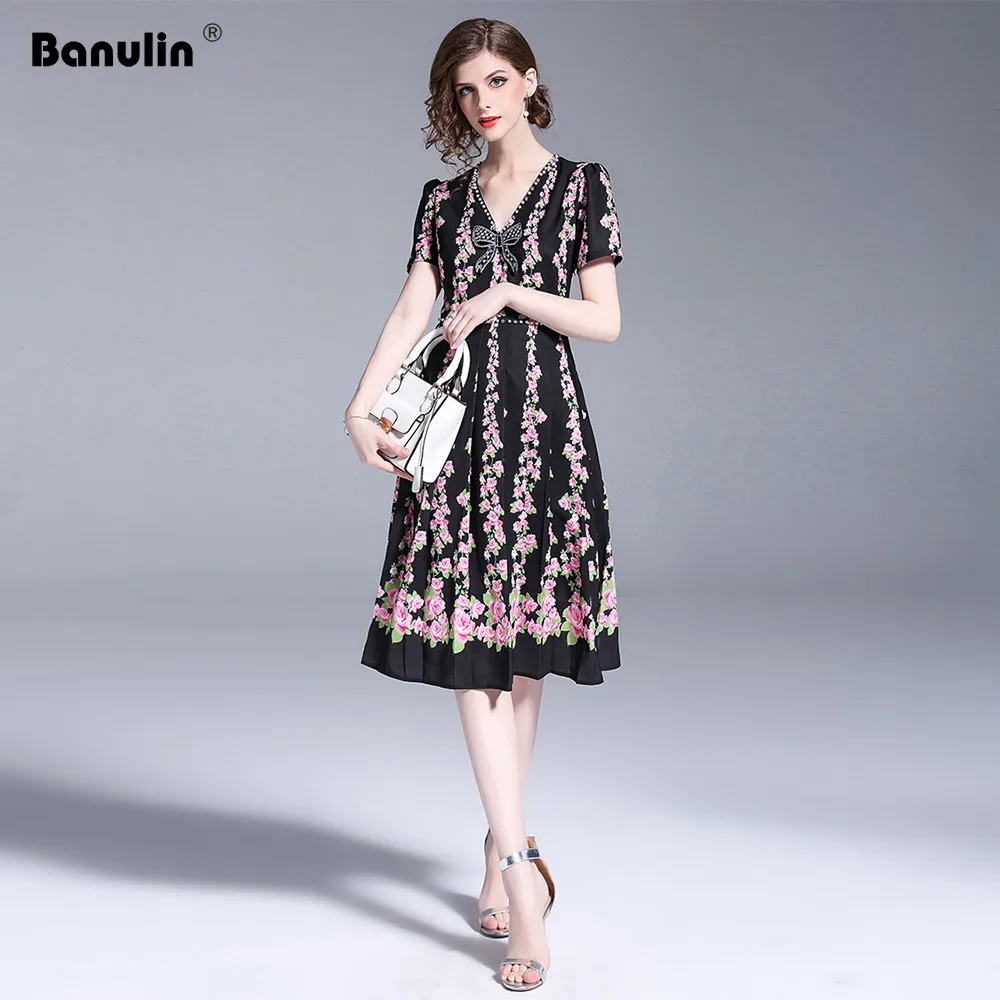 

Banulin Runway Summer Dress Women's V Neck Bow Beading Floral Party Dress Dames Jurken Zomer 2019 Robe Ete Femme Boho