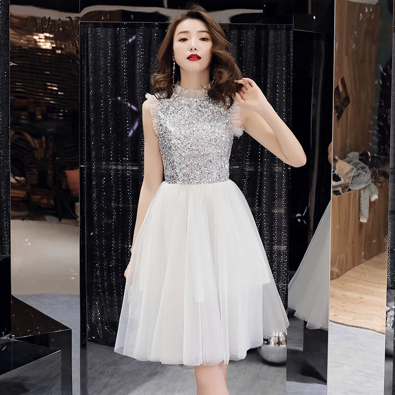 wei yin 2020 Sex White Sleeveless A-line Zipper Dinner Dress Cocktail Dresses Knee Length Formal Party Gown WY1681 | Свадьбы и