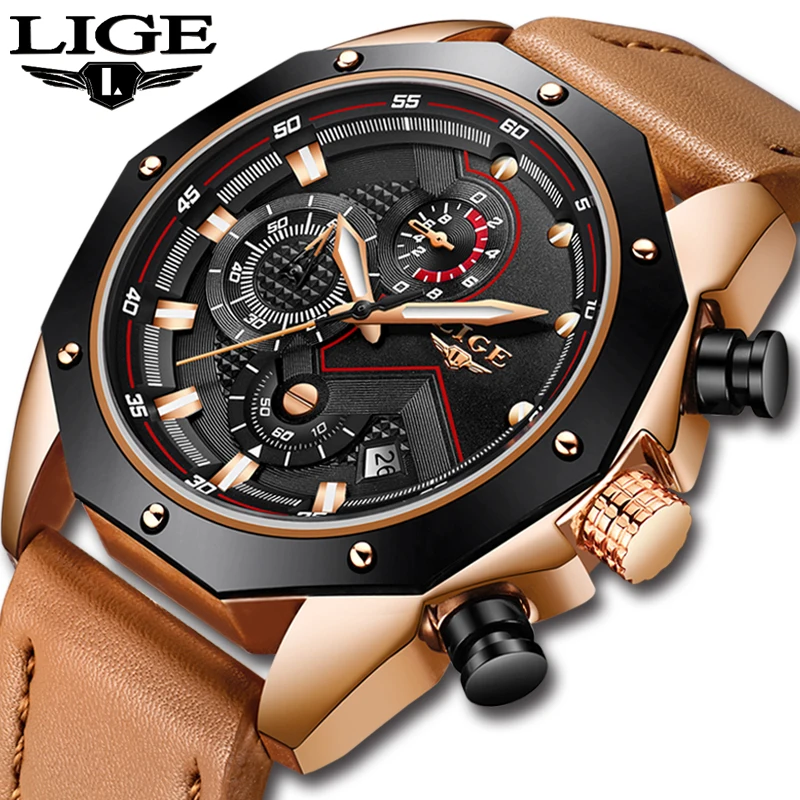 

Relogio Masculino LIGE Mens Watches Top Brand Luxury Quartz Watch Gold Men Casual Leather Military Waterproof Sport Wristwatch