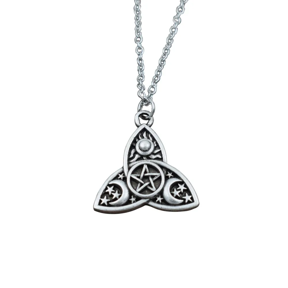 

Triple Moon Goddess Triquetra Pentacle Necklace Pagan Wicca Pendant Necklace 12pcs