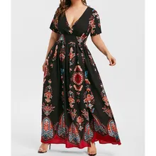 5XL Summer Women Boho Print Long Dress Casual Short Sleeve V-Neck High Waist Dress Beach Wear High Split Maxi Dress Plus Size 5XL Summer Women Boho Print Long Dress Casual Short Sleeve V-Neck High Waist Dress Beach Wear High Split Maxi Dress Plus Size