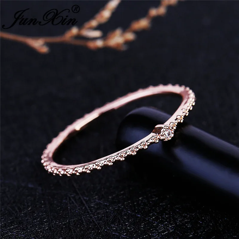 JUNXIN стекируемые кольца вечности для женщин 925 серебро розовое золото заполненный маленький циркон белый кристалл минималистичные тонкие кольца женские CZ