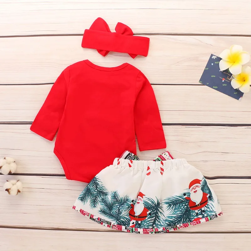 Комплект рождественской одежды для маленьких девочек, костюм для малышей, комбинезон для девочек+ юбка+ повязка на голову, комплект из 3 предметов, одежда для малышей 0-18 месяцев
