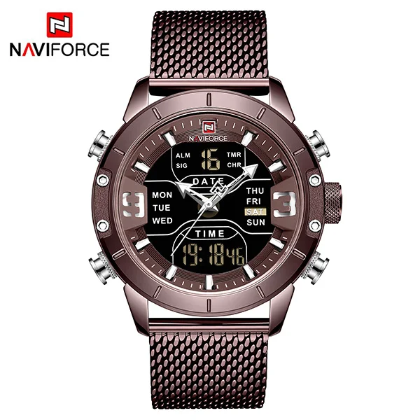 NAVIFORCE мужские военные водонепроницаемые светодиодный спортивные кварцевые часы, военные мужские деловые часы из нержавеющей стали - Цвет: Coffee
