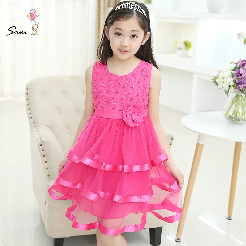 

2016 new summer baby girls dress cute chiffon flowers waist princess dress cakeround neck sleeveless dress free shipping