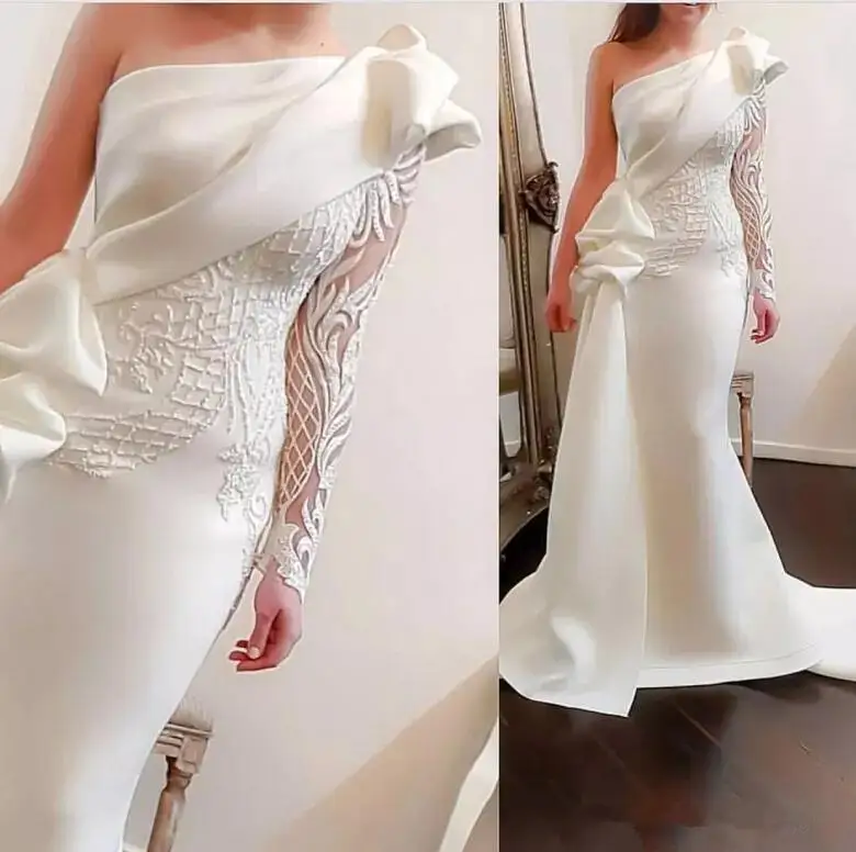one shoulder white evening gown