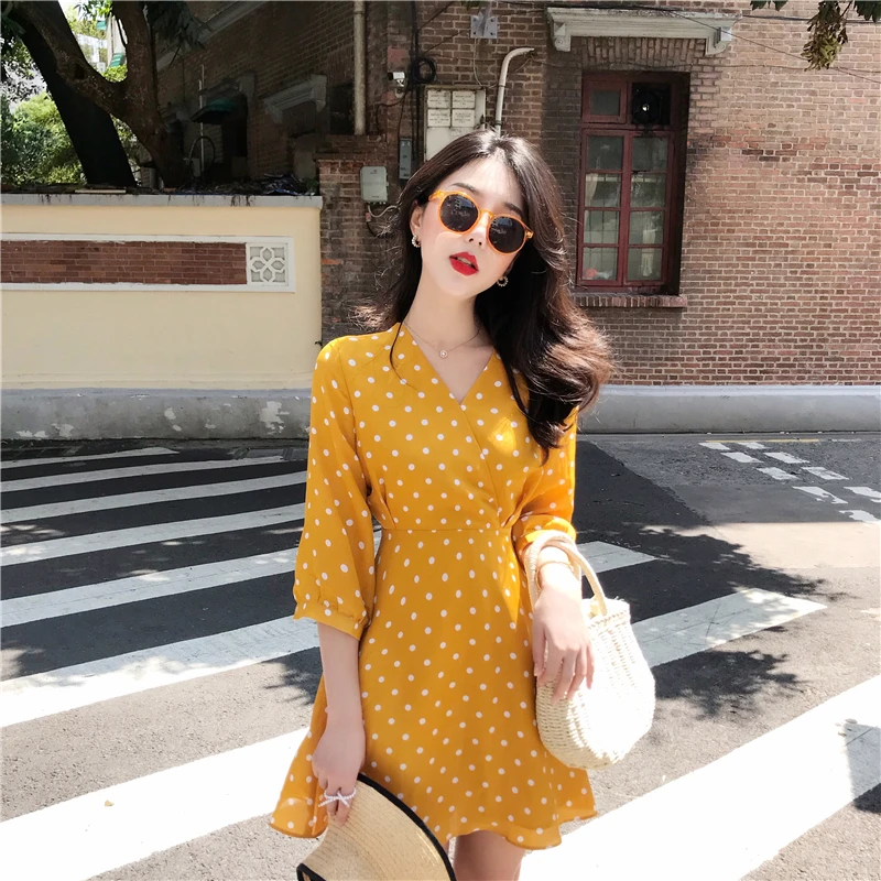 women mustard yellow polka dot dress 