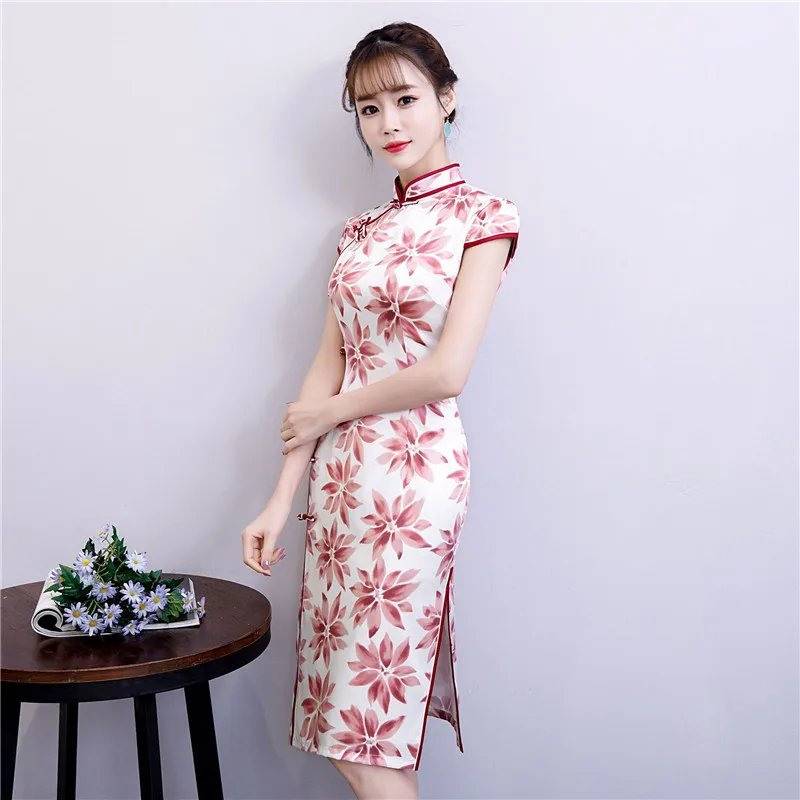 Красное китайское традиционное платье женское шелковое атласное Cheongsam винтажное Ципао летнее платье с коротким рукавом Вечерние Платья с цветочным принтом размера плюс