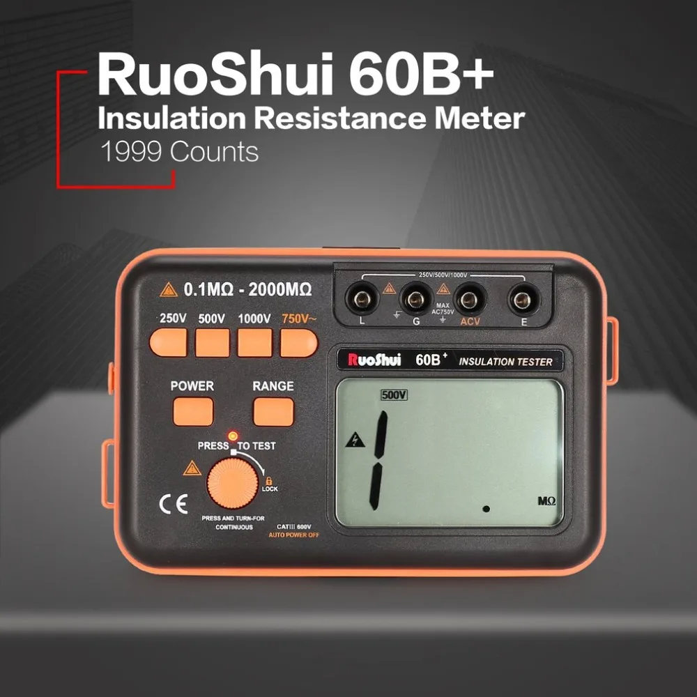 Цифровой измеритель сопротивления изоляции RuoShui 60B+ 1000 V, Мегаомметр, светодиодный индикатор высокого напряжения