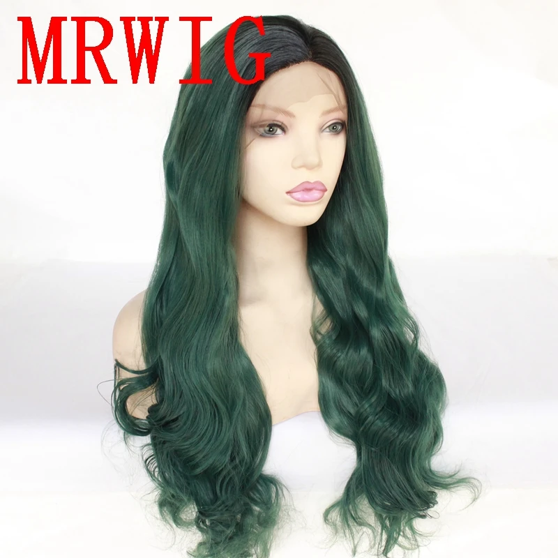 MRWIG длинные волнистые Омбре зеленый правой части синтетические волосы на кружеве парик для афроамериканских женщин
