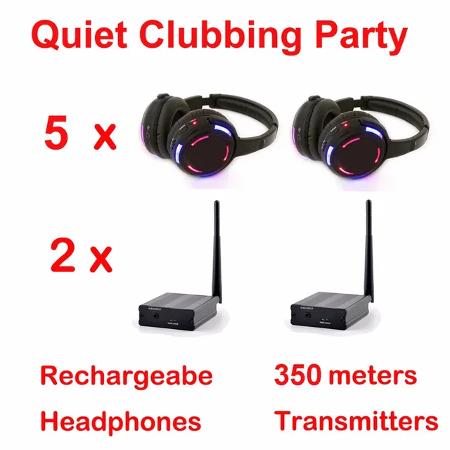 Silent Disco compete system black led wireless headphones – Quiet Clubbing Party Bundle (5 Headphones + 2 Transmitters)