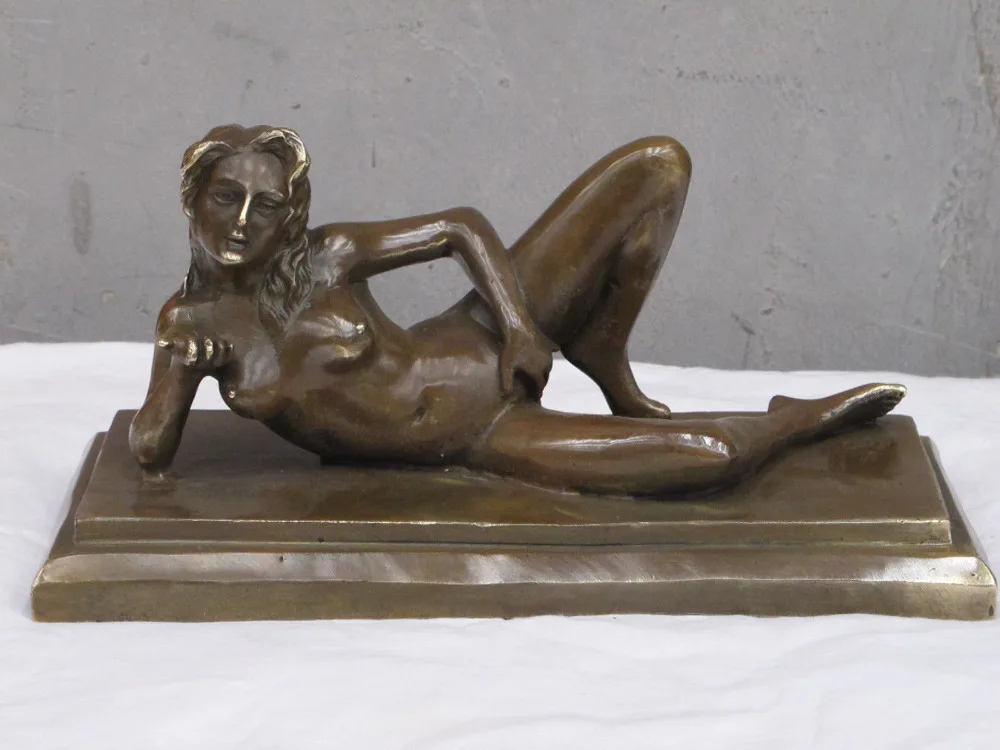 

10.5"Western Bronze Sculptural Art take a rest Naked woman nude belle statue