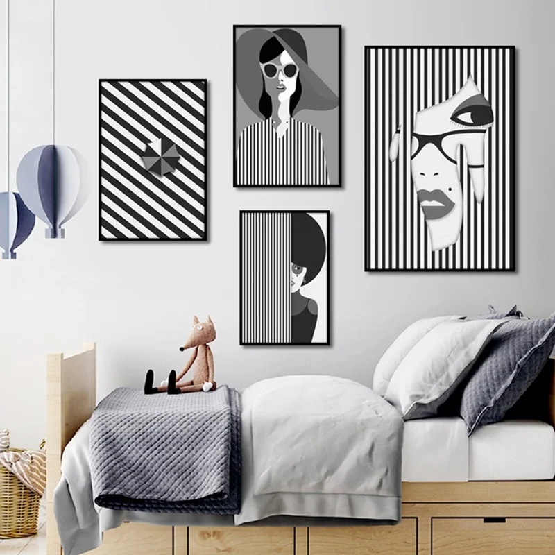 

Nordic Decoration Home Minimalist Fashion Abstract Characters Black and White Plaid Art Decor Painting Canvas Wall Pictures