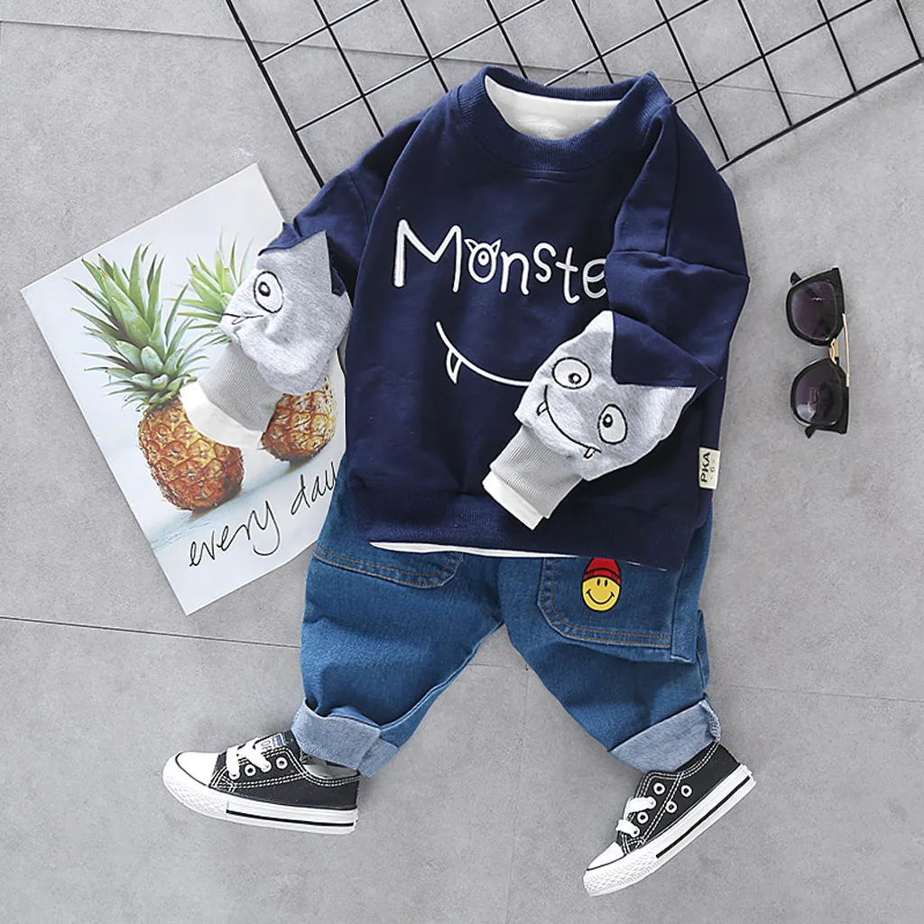 Детская одежда Детские Зимние Топы с длинными рукавами и буквенным принтом для мальчиков, ковбойские штаны, комплект модной повседневной одежды vetement#7