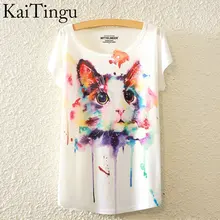 Kaitingu 2016 новое мода лето Harajuku животных кошка печать о-образным шею с коротким рукавом женщины топы белая футболка