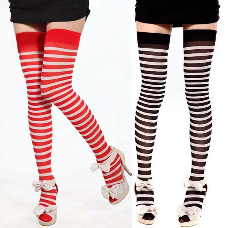 Horizontal Striped Translucent Thigh High Sexy Stockings Thigh Highs