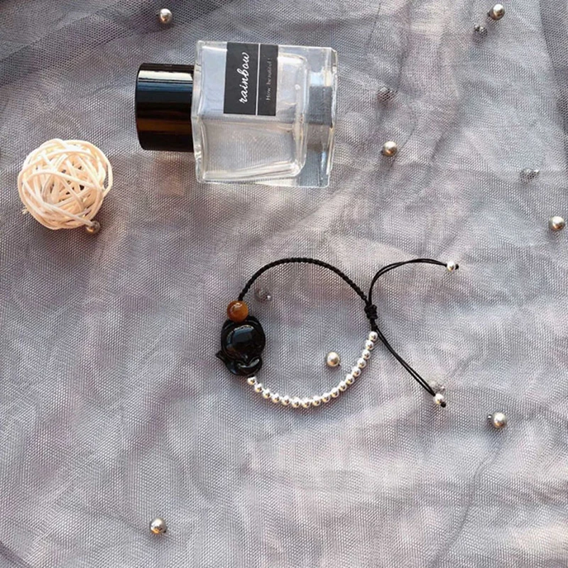 Natural Obsidian Romantic Fox Bracelet Jewelry Copper Black Fox Bracelet Female Natural Stone Adjustable Rope Beads For Bracelet