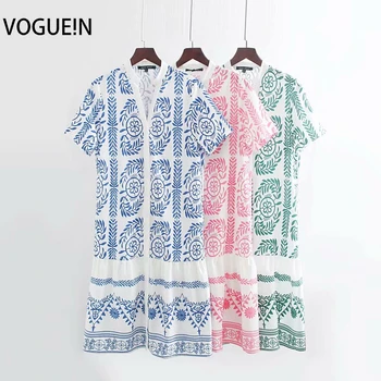

VOGUEIN New Womens Summer Ethnic Floral Print Short Sleeve Blue/Green/Pink Midi Dress Wholesale