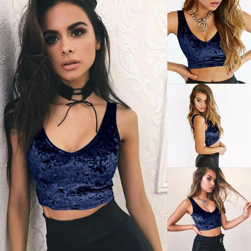 Женский укороченный топ из велюра облегающий короткий с круглым вырезом модная