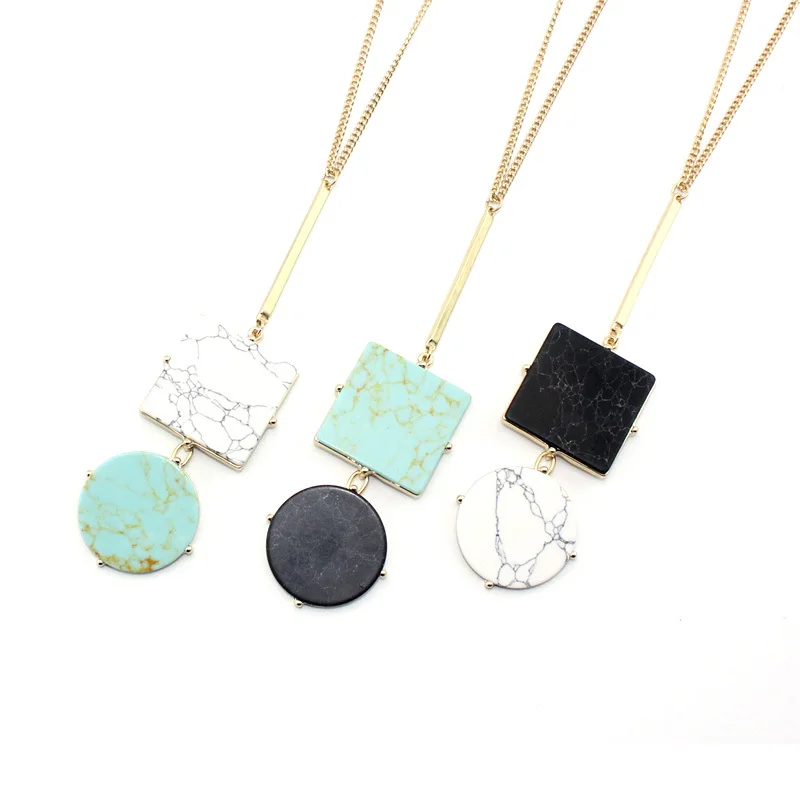 

Kallaite Howlite Natural Stone Pendant Round Square Charm Gold Long Chain Necklaces Geometric Accessories Jewelry