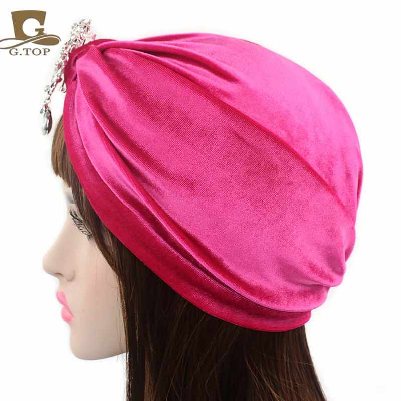  New velvet Turban detachable diamante pendant brooch head wrap christmas party glitter hat wedding 