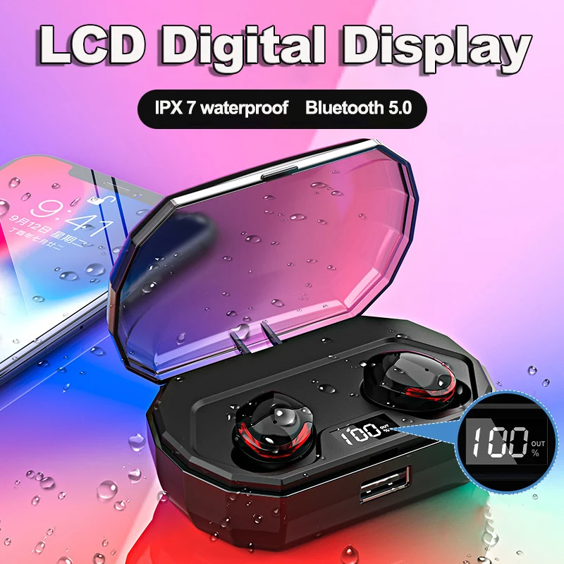 

5.0 Bluetooth Headset, TWS Noise Reduction Earbuds Sports Earphone LCD Digital Display Wireless Binaural IPX7 Waterproof