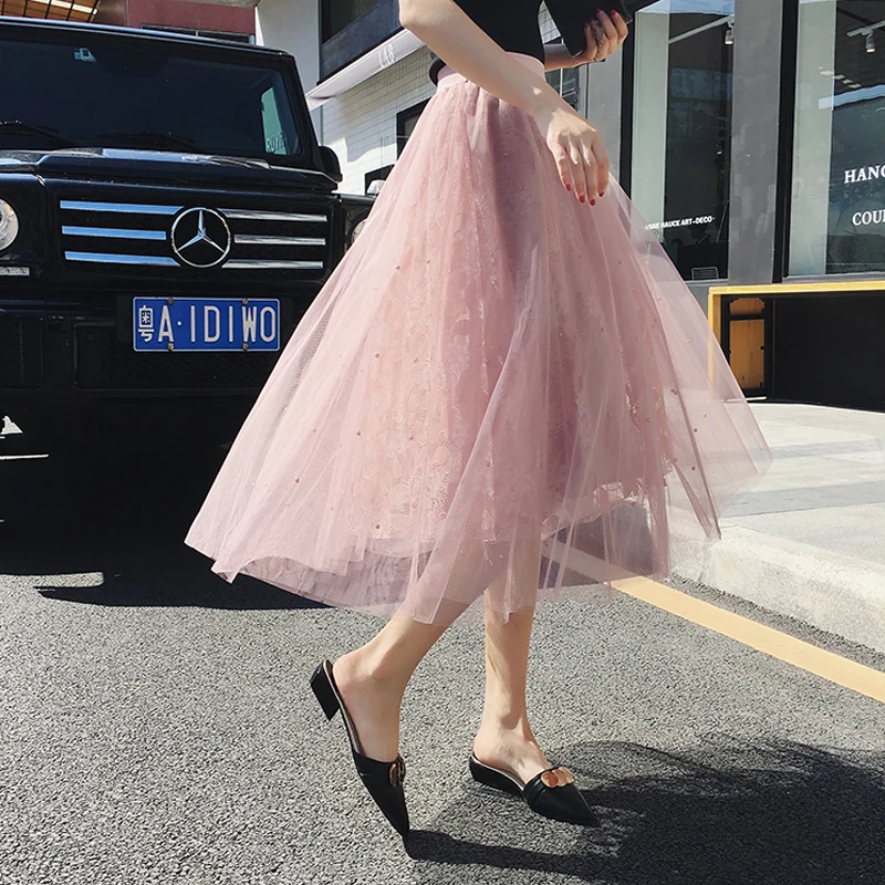 

Hot Pink Skirt Pearl Women Korean Mesh Skirt Vintage Spring Ladies Elagant Black Long High Waist Skirt Tulle collge student