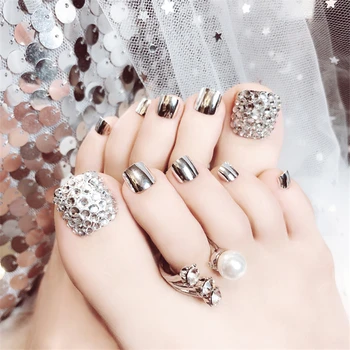 

24Pcs/Set Beauty Chic Toe Nails Silver Metallic Finished Full Cover for Foot with Rhinestone Feet Artificial False Nail