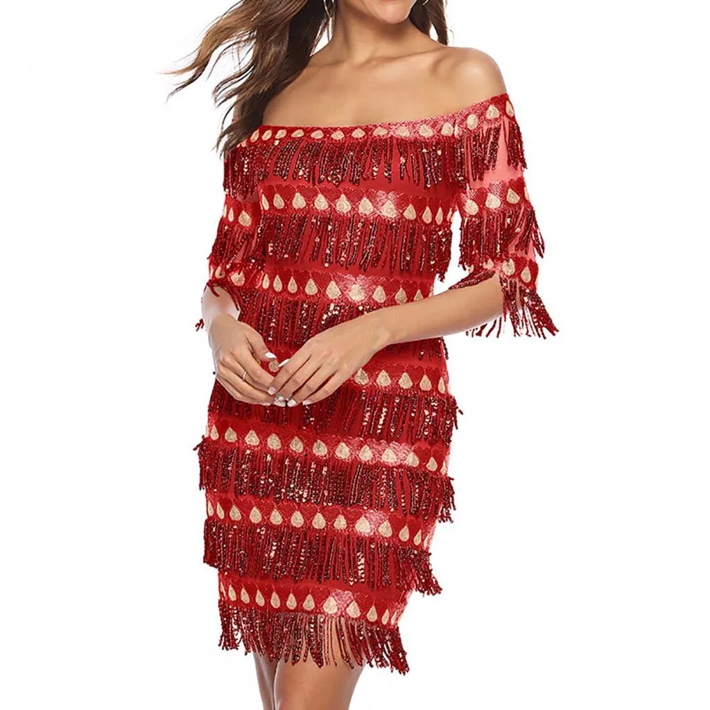 

2019 Fashion Women's Fashion Sexy Tassel Solid Plus Size Half Shining Mini Sequin Dress Sequin Slash Neck Summer Women Dress