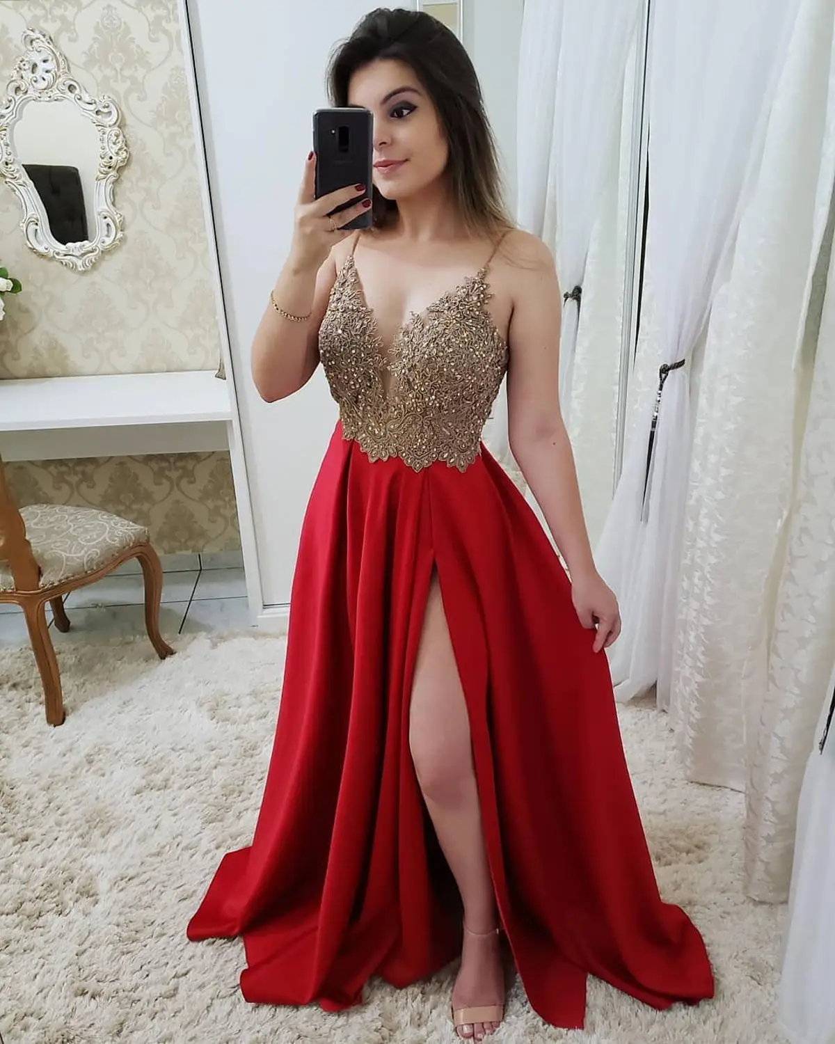 Vestidos de Gala, сексуальные платья с глубоким v-образным вырезом и разрезом по бокам, платья для выпускного вечера, длинные элегантные кружевные аппликация выпускные платья, торжественные платья Jurken - Цвет: Красный