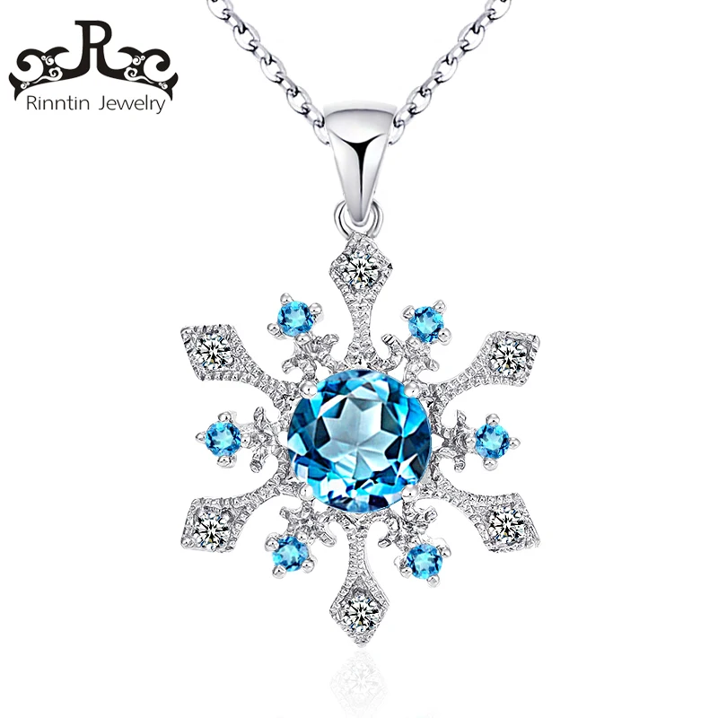 Rinntin Pure 925 Sterling Silver Women Necklaces With Chain Blue AAA Dazzling Zircon Snowflake Shape Pendant For Female PSN15 Fine Jewelry