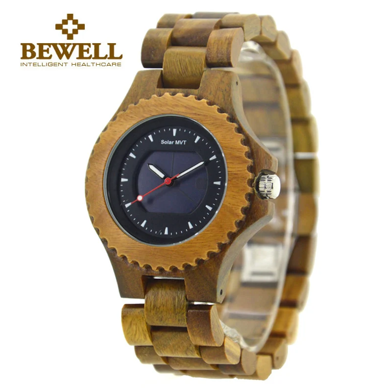 

BEWELL Fashion Brand Men Wood Quartz Watches Solar Luminous Pointers Push Button Hidden Clasp Relogio Masculino Watches 074A