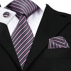 2016 Новая Мода черный, Розовый Полосатый шелковый галстук Ханки Запонки Набор для Для Мужчин's Бизнес Свадебная вечеринка C-307