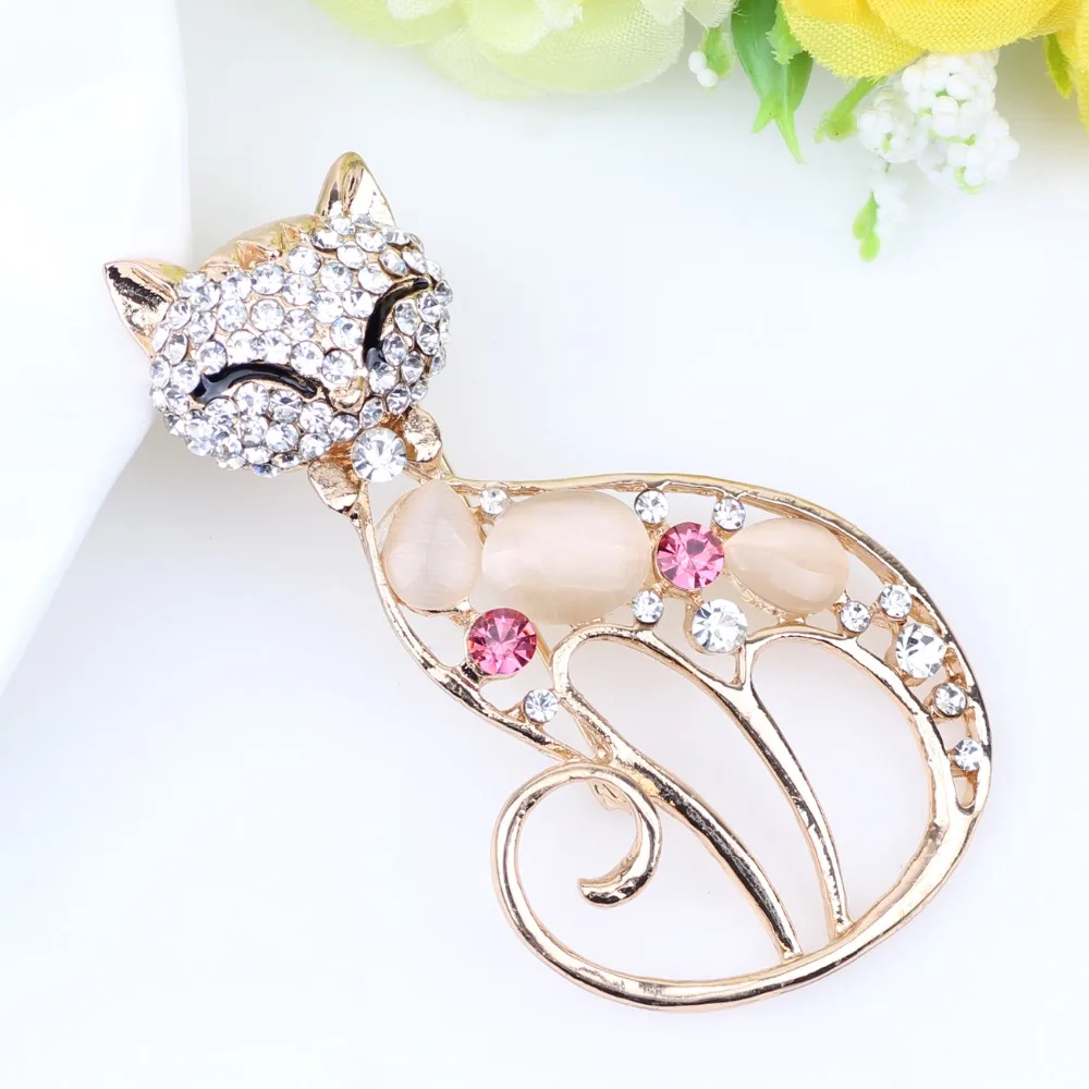 Женская рождественская брошь котенок WEVENI Опаловая со стразами|kitten brooch|brooches for