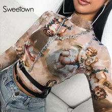 Sweetown, лето, кавайный сетчатый короткий топ, футболка, греческая мифология, ангел, принт, прозрачный топ, женская сексуальная прозрачная пляжная рубашка