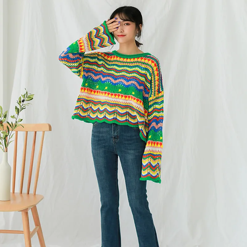 Демисезонный свитер женщина красочный полосатый Свободные Повседневное трикотажный пуловер Леди с длинным рукавом тонкий трикотаж