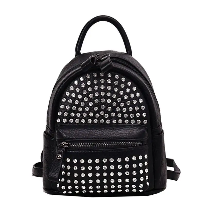 Rivet Rhinestone Backpack Women PU Leather Messenger Knapsack Fashion Girls Teen Schoolbags Travel Shoulder Bag Mini Back Pack - Цвет: Черный