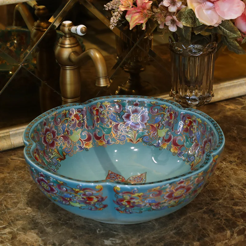 Flower shape Europe style chinese washbasin sink Jingdezhen Art Counter Top ceramic bathroom sink (1)