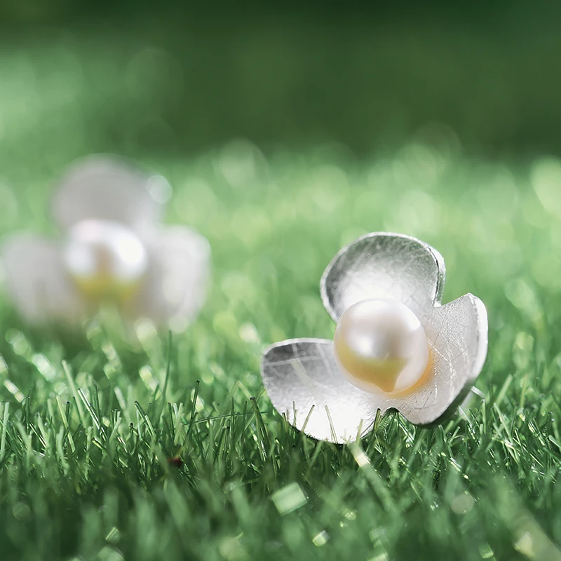 Lotus Fun 100% Real 925 Sterling Silver Earrings for Women Freshwater Pearl Flower Stud Earring silver 925 earing for girl