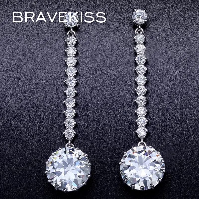 

BRAVEKISS Trendy Korean Round Long Drop Earrings for Women Female Wedding Bridal CZ Dangle Earring Jewelry Accessories BUE0380