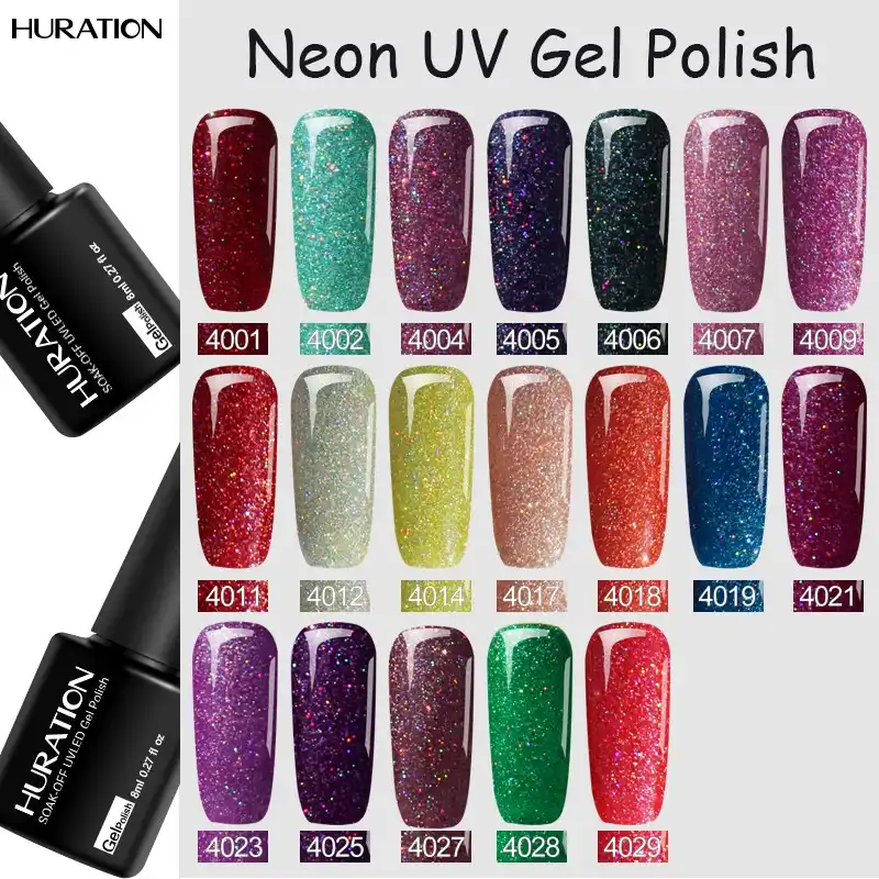 8ml Glitter Neon 19 Colors Sequins Nail Acrylic Glue Shiny UV Gel Nail Polish Semi,Permanent Neon Color Soak Off Gel Varnish Set