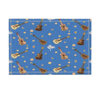 

Musical Instruments Decor, Hawaiian Guitars Flowers and Palm trees in Blue Bath Rugs, Non-Slip Funny Indoor Outdoor Doormat