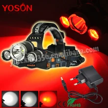 Newest Boruit 3 LED XM-L T6+ XPE Red LED Headlight linternas frontales cabeza 5000 lumenes Torch 4 Modes Headlamp + AC Charger