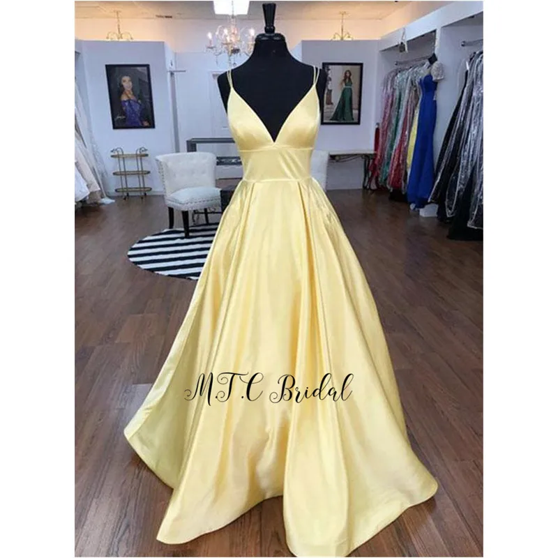 

Elegant Yellow Long Dress Evening 2019 V Neck Spaghetti Strap A Line High Quality Satin Prom Gowns Vestido De Festa Cheap