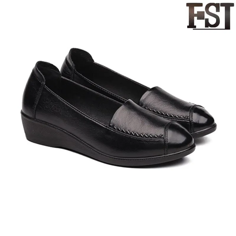 

FSJ Women Shoes Pumps Genuine Leather Cow Leather Round Toe Office & Career Wedges Rubber Slip-On PU Shallow Personslity