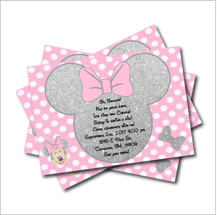 

14 pcs/lot Minnie Mouse Silver glitter Girls Party Invitations Minnie Mouse Baby Shower Invites Birthday party decoration supply