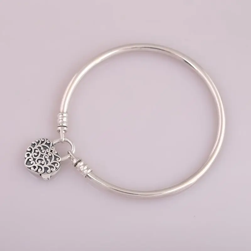 

NEW HOT SELL S925 Sterling Silver Bracelet Bangles For Women Smooth Silver Padlock Regal Heart Clasp fit Lady Bead Charm Pendant