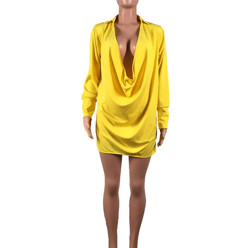 

Pure Color Yellow Deep V Neck Women'S Dress Full Sleeve Summer Above Knee, Mini Sexy Dress Women Summer Casual Vestido 40MR28